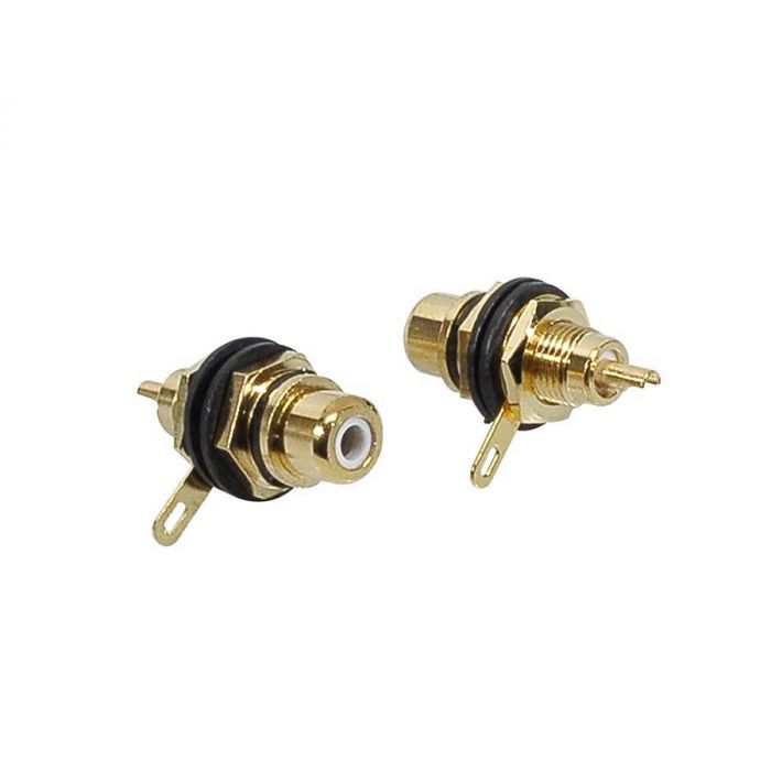 RCA chassisdeel, female, goud, metaal lacker zwarte ring, gouden contacten, 2 stuks
