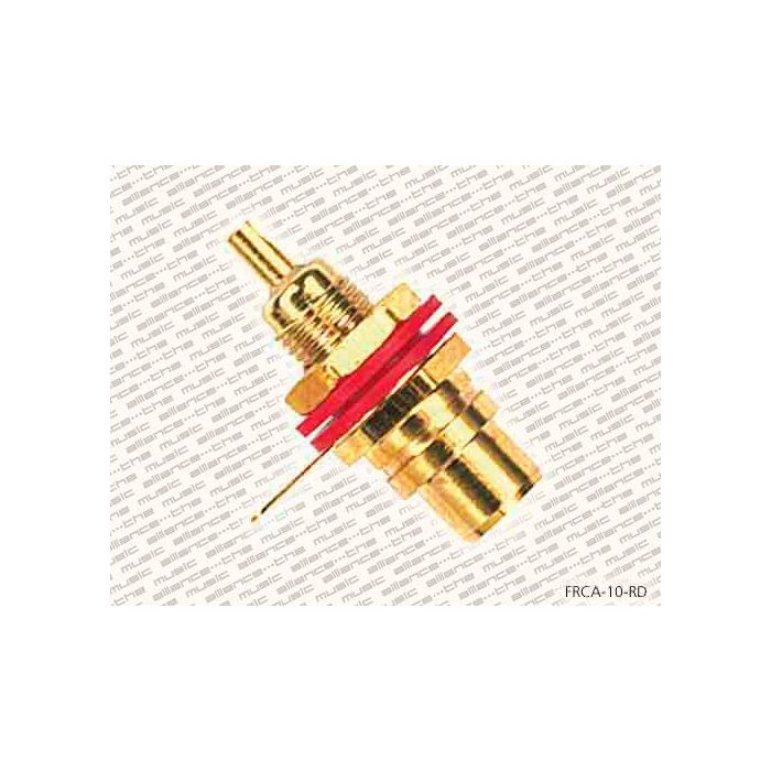 RCA chassisdeel, female, goud, metaal lacker rode ring, gouden contacten, 2 stuks
