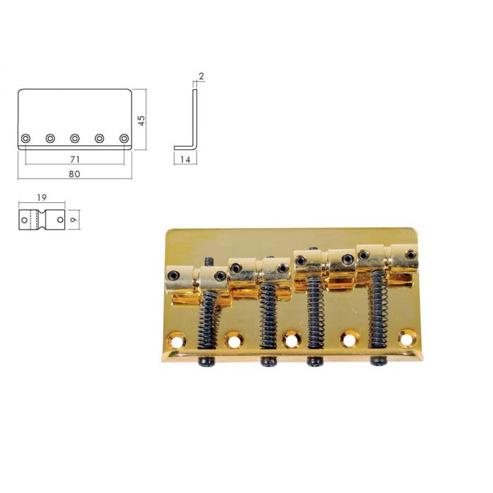 Brug-staartstuk, Jazz/ P-Bass, goud, pitch 19mm