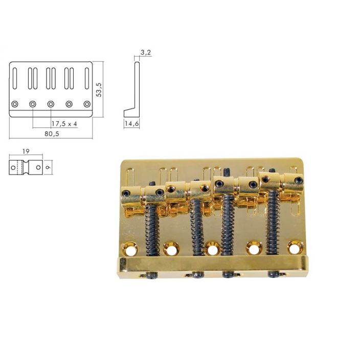 Brug-staartstuk, Jazz/ P-Bass, goud, pitch 20mm