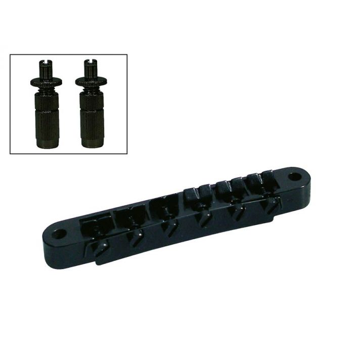 Brug voor e-gitaar, "tune'o matic", zwart, stud spacing 73,5mm, stud diam 6,0mm