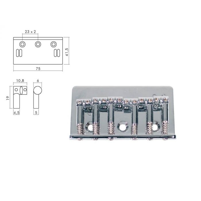 Brug-staartstuk,Strat, chroom, pitch 10,8mm, strings mounted in bridge