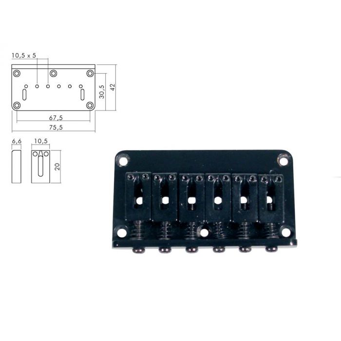 Brug-staartstuk,Strat, zwart, pitch 10,5mm, strings through body
