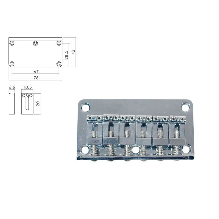 Brug-staartstuk,Strat, chroom, pitch 10,5mm, strings mounted in bridge