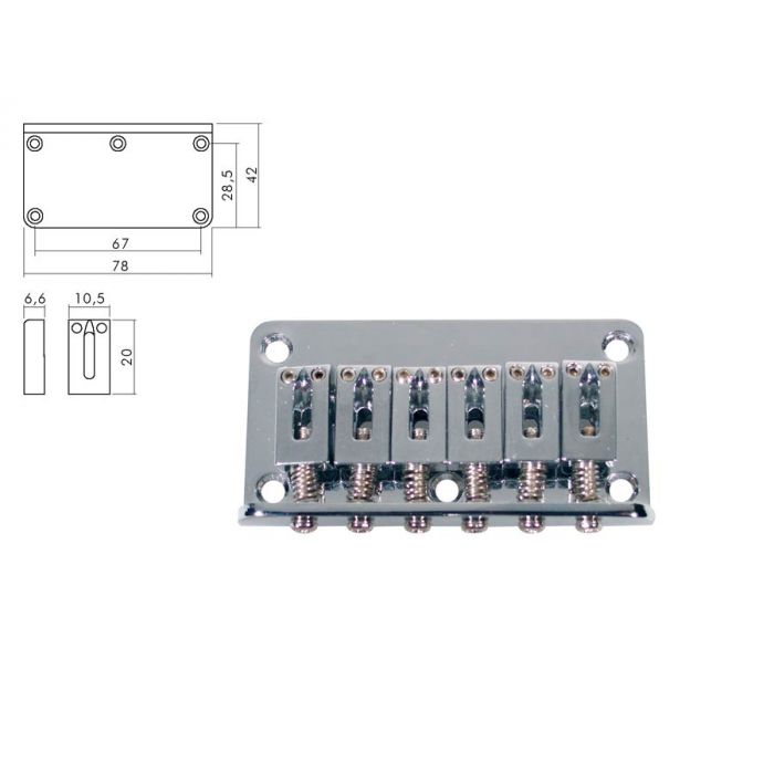 Brug-staartstuk,Strat, chroom, pitch 10,5mm, strings mounted in bridge