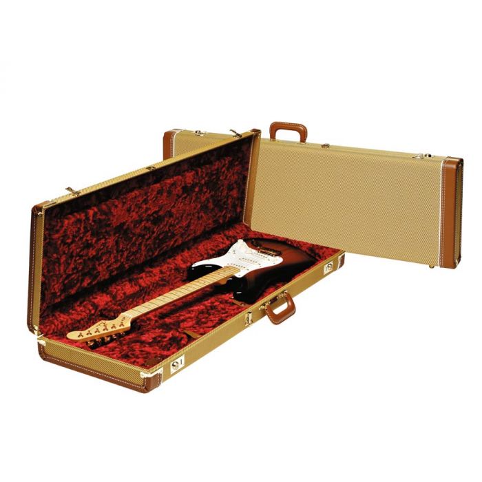 Fender deluxe case for electric guitar leather handle and ends tweed & red poodle plush interior 