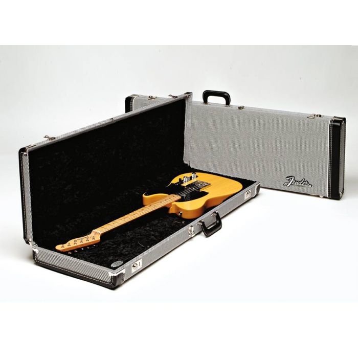 Fender deluxe case for electric guitar leather handle and ends black tweed & black interior 