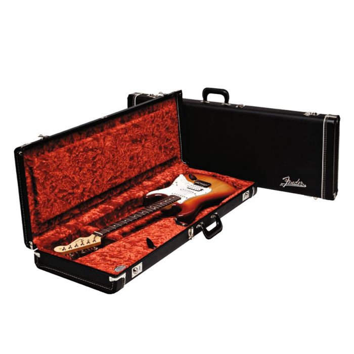 Fender deluxe case for electric guitar leather handle and ends black tolex & orange plush interior 