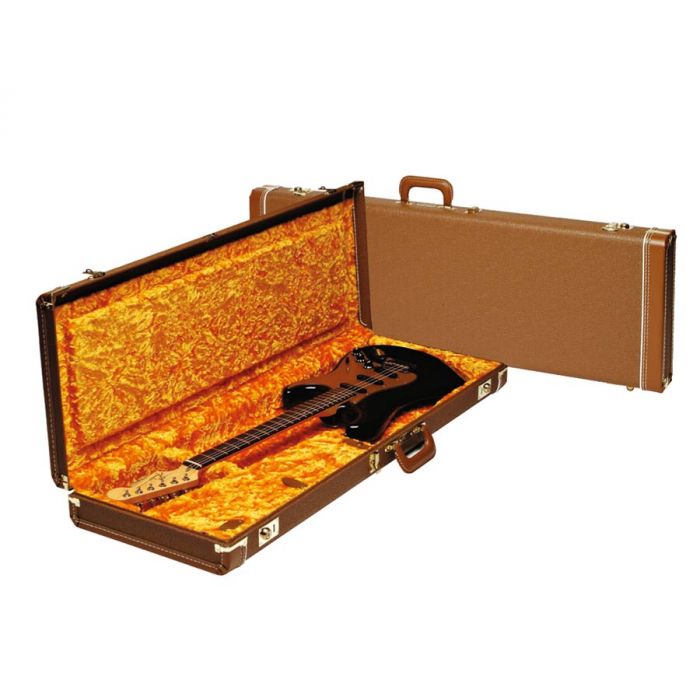 Fender deluxe case for electric guitar leather handle and ends brown tolex & gold plush interior 