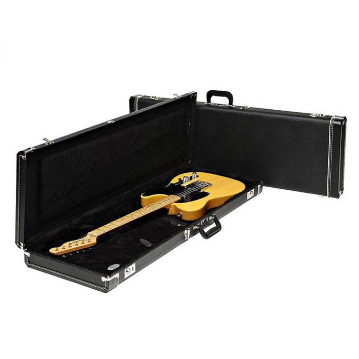 Fender deluxe case for electric guitar leather handle and ends black tolex & black interior 