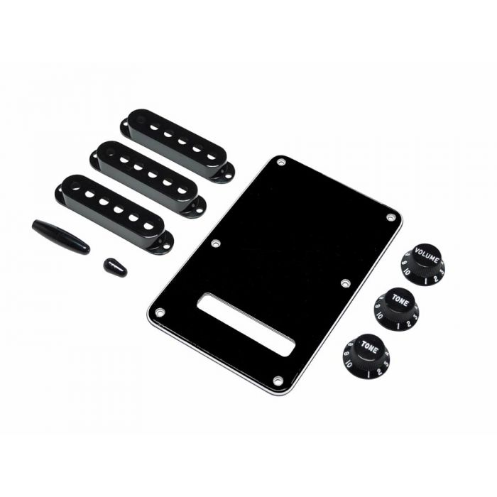 Fender Genuine Replacement Part strat accessory kit contains pot knobs switch tip backplate pickup covers black 