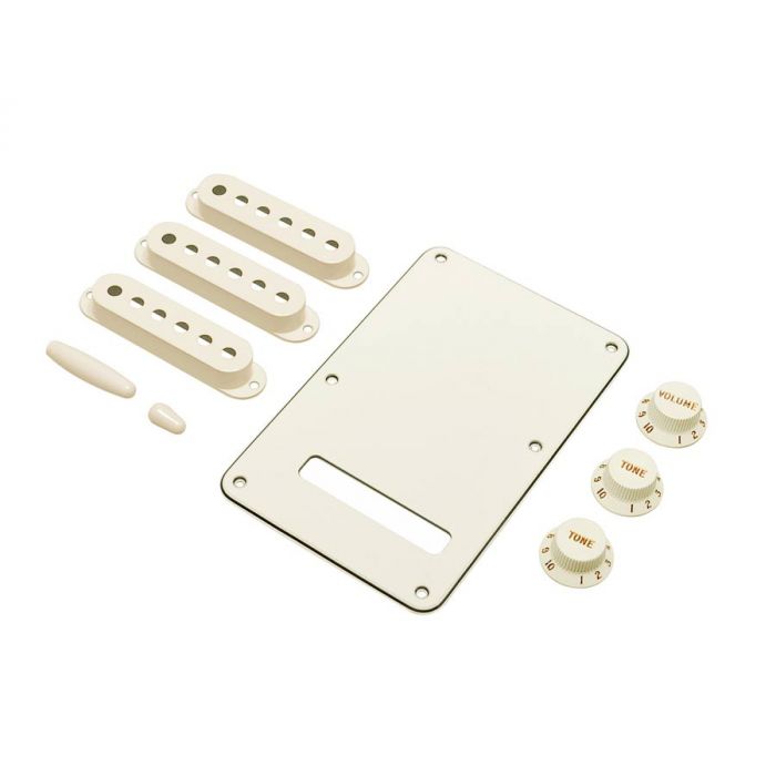 Fender Genuine Replacement Part strat accessory kit contains pot knobs switch tip backplate pickup covers parchment 
