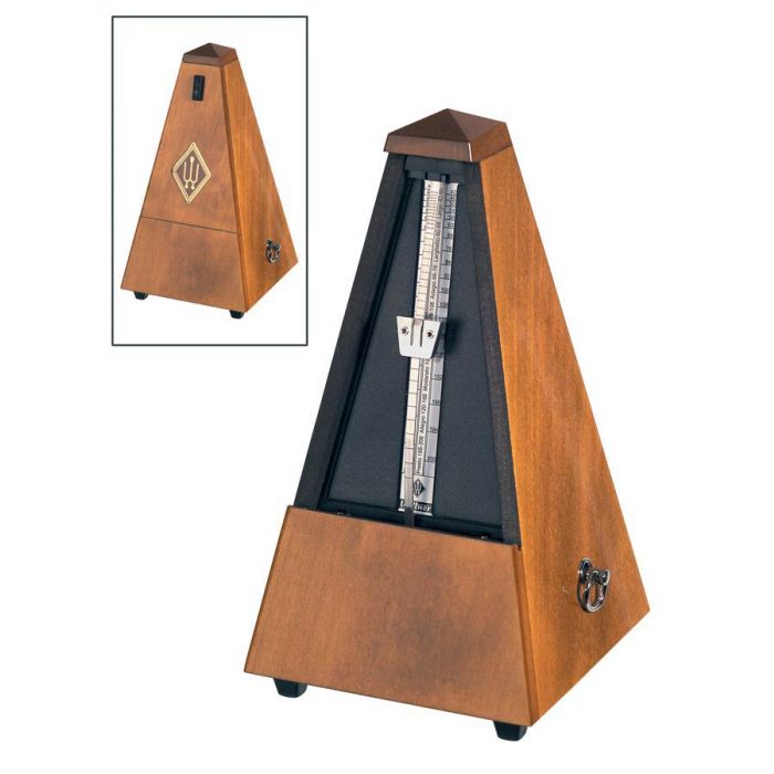 Wittner Maelzel metronoom, pyramide-model, houten behuizing, walnoot-kleurig, mat zijde, zonder bel