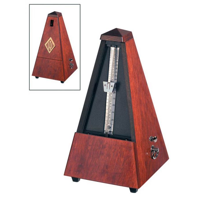 Wittner Maelzel metronoom, pyramide-model, houten behuizing, mahonie-kleurig, mat zijde, met bel
