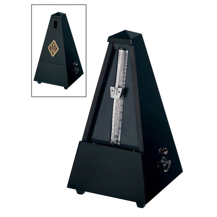 Wittner Maelzel metronoom, pyramide-model, houten behuizing, zwart, hoogglans afwerking, met bel