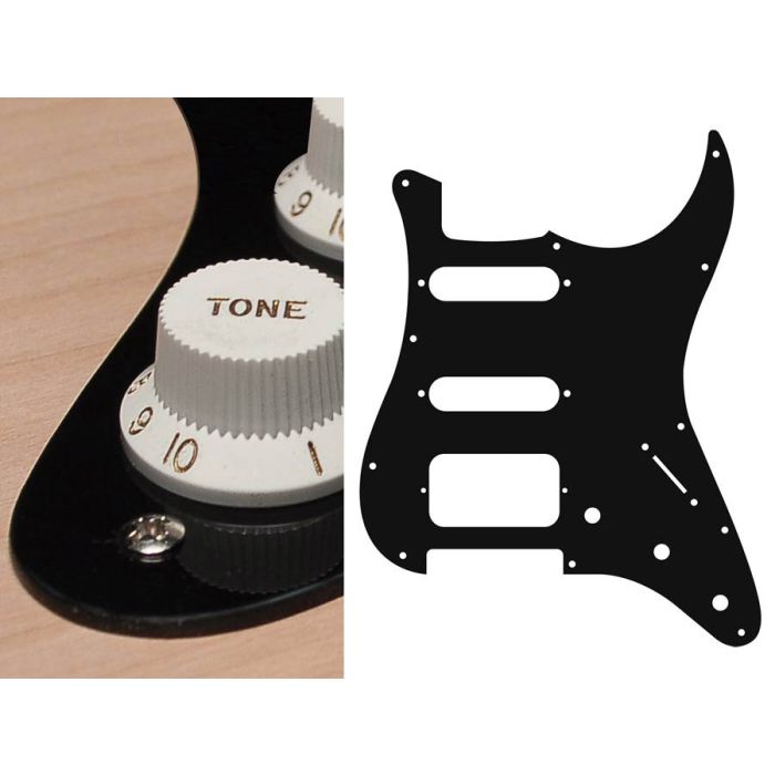 Pickguard Strat, 1 ply, black, SSH, 3 pot holes, 3-5 switch