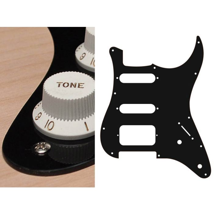 Pickguard Strat, 1 ply, black, SSH, 2 pot holes, 3-5 switch