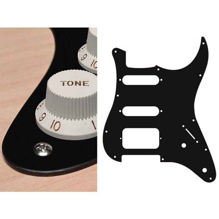 Pickguard Strat, 1 ply, black mat, SSH, 2 pot holes, 3-5 switch