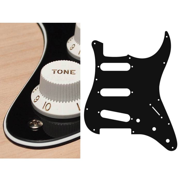 Pickguard Strat, 3 ply, black, standard, SSS, 3 pot holes, 3-5 switch