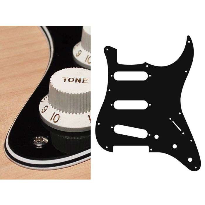 Pickguard Strat, 4 ply, black, standard, SSS, 3 pot holes, 3-5 switch
