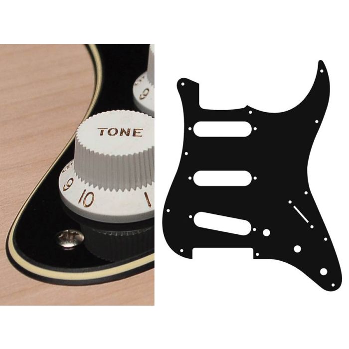 Pickguard Strat, 3 ply, black and cream, standard, SSS, 3 pot holes, 3-5 switch