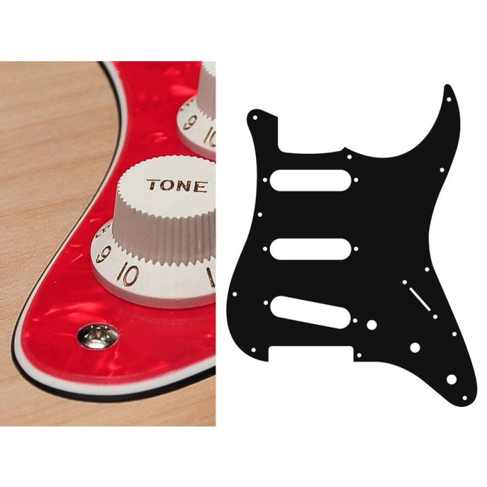 Pickguard Strat, 3 ply, pearl red, standard, SSS, 3 pot holes, 3-5 switch