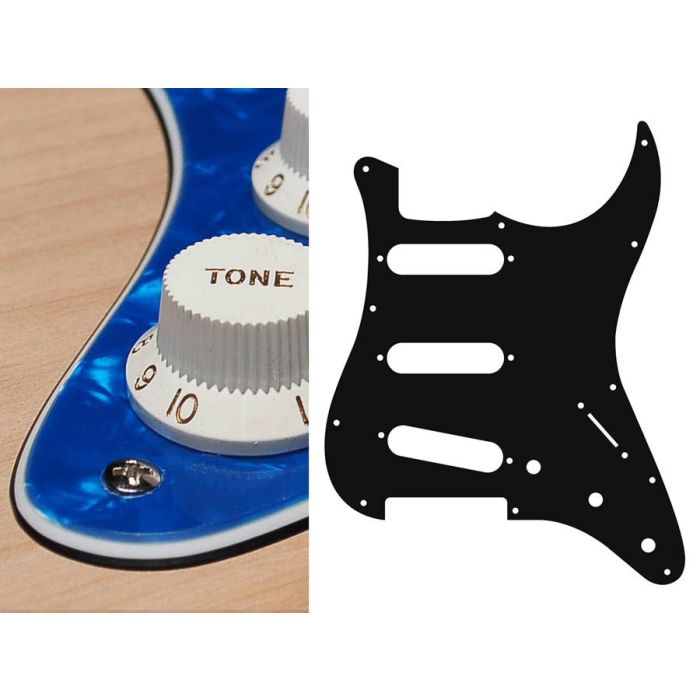Pickguard Strat, 3 ply, pearl blue, standard, SSS, 3 pot holes, 3-5 switch