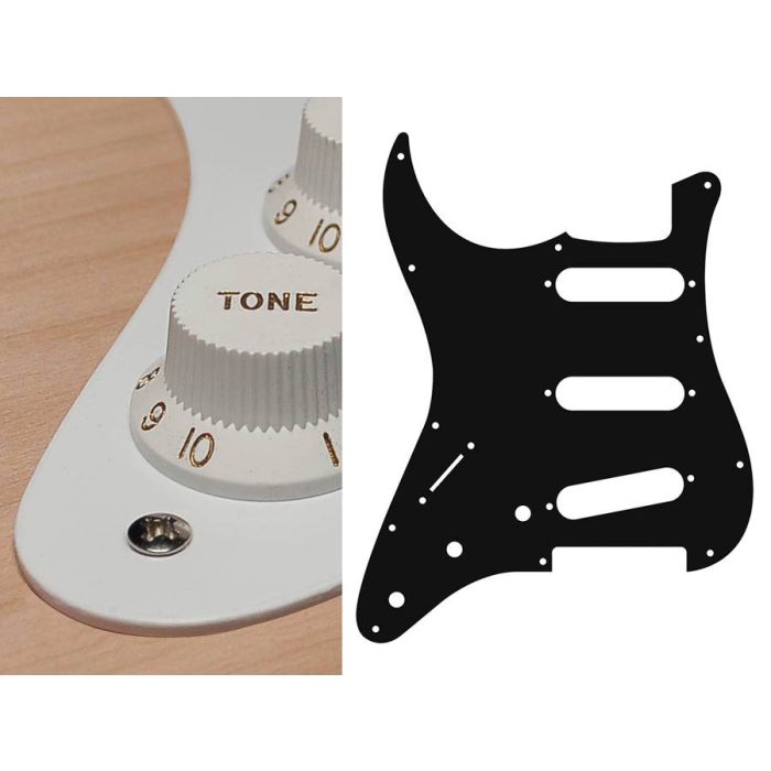 Pickguard Strat, 1 ply, white, standard, SSS, 3 pot holes, 3-5 switch, lefthanded