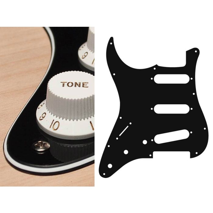 Pickguard Strat, 3 ply, black, standard, SSS, 3 pot holes, 3-5 switch, lefthanded
