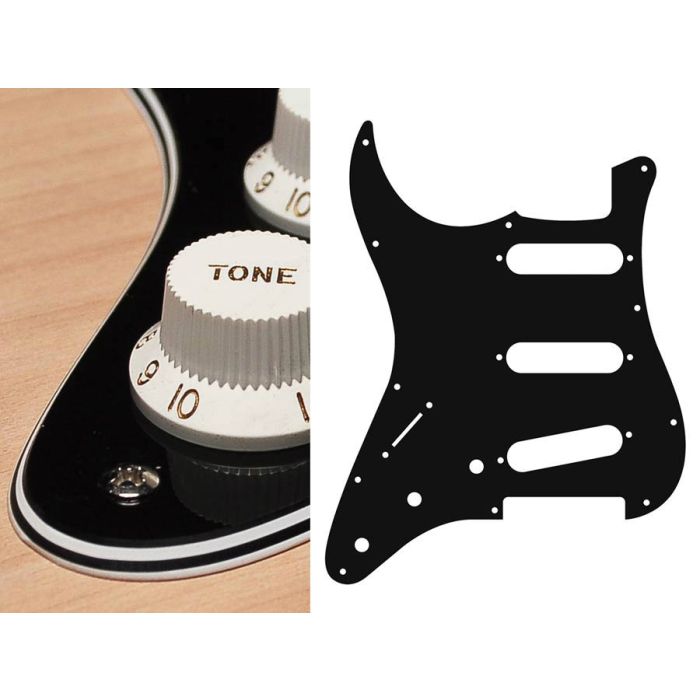 Pickguard Strat, 4 ply, black, standard, SSS, 3 pot holes, 3-5 switch, lefthanded