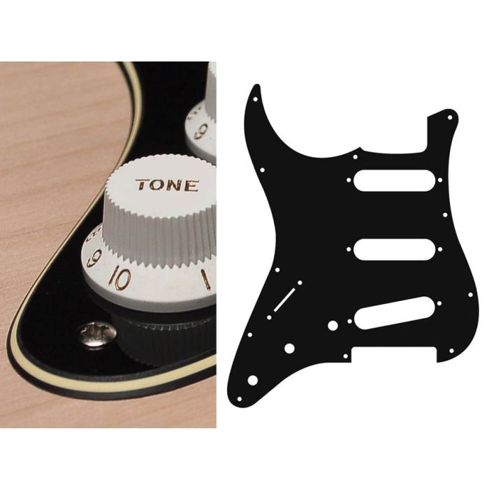 Pickguard Strat, 3 ply, black and cream, standard, SSS, 3 pot holes, 3-5 switch, lefthanded