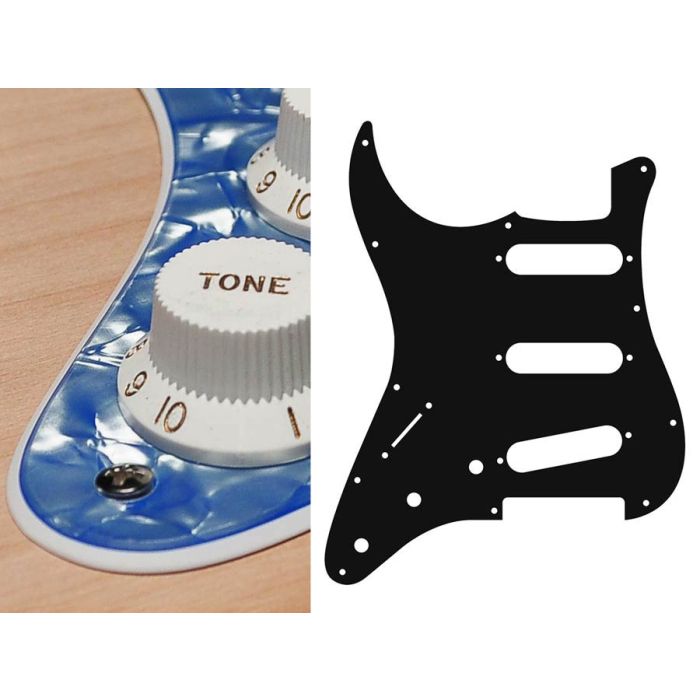 Pickguard Strat, 2 ply, pearl ocean blue, standard, SSS, 3 pot holes, 3-5 switch, lefthanded