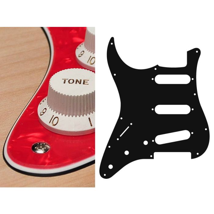 Pickguard Strat, 3 ply, pearl red, standard, SSS, 3 pot holes, 3-5 switch, lefthanded