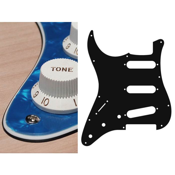 Pickguard Strat, 3 ply, pearl blue, standard, SSS, 3 pot holes, 3-5 switch, lefthanded