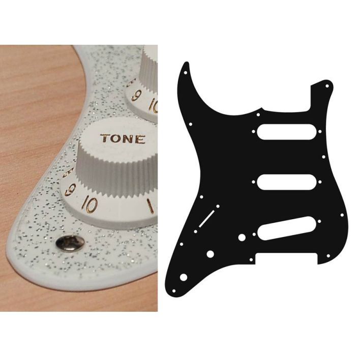 Pickguard Strat, 2 ply, sparkling silver, standard, SSS, 3 pot holes, 3-5 switch, lefthanded