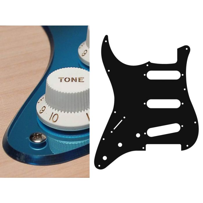 Pickguard Strat, 2 ply, mirror blue, standard, SSS, 3 pot holes, 3-5 switch, lefthanded