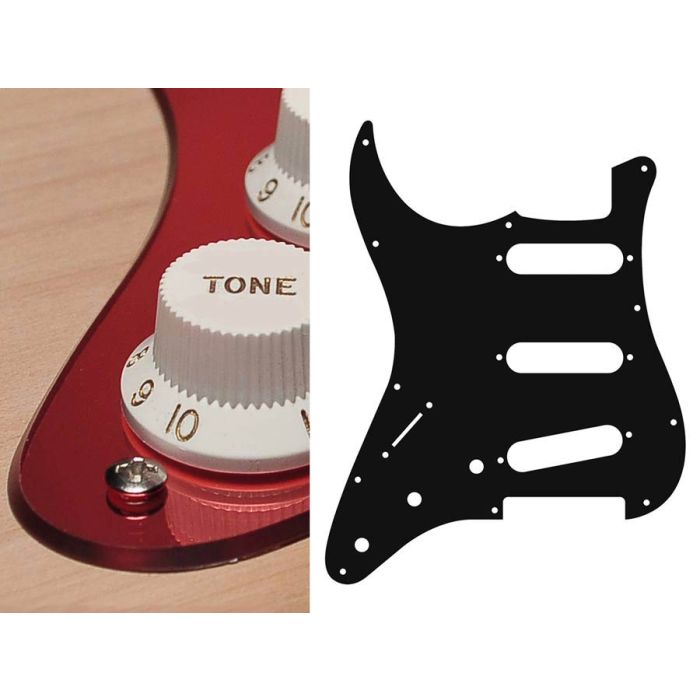 Pickguard Strat, 2 ply, mirror red, standard, SSS, 3 pot holes, 3-5 switch, lefthanded