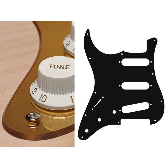 Pickguard Strat, 2 ply, mirror gold, standard, SSS, 3 pot holes, 3-5 switch, lefthanded
