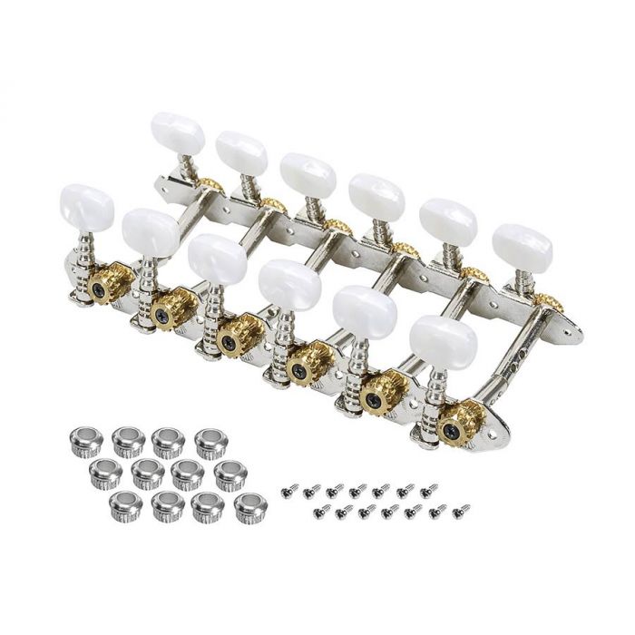 Stemmechanieken voor 12-snarige gitaar, dubbel geboorde metalen as, 125,0mm, plastic knoppen
