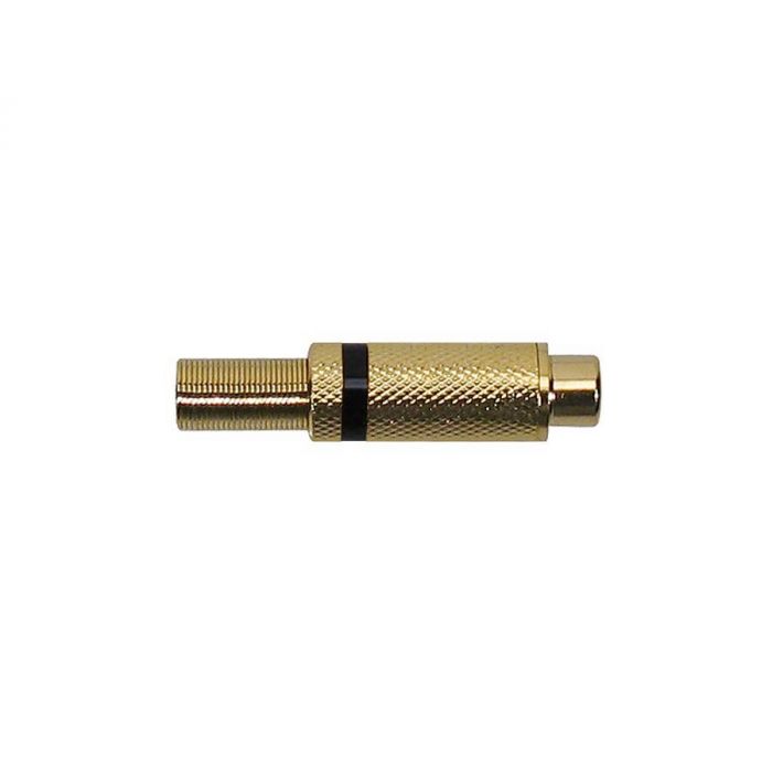 RCA plug, female, zwart metaal, 2 stuks zwarte ring, veer 6,2 mm, gouden contacten