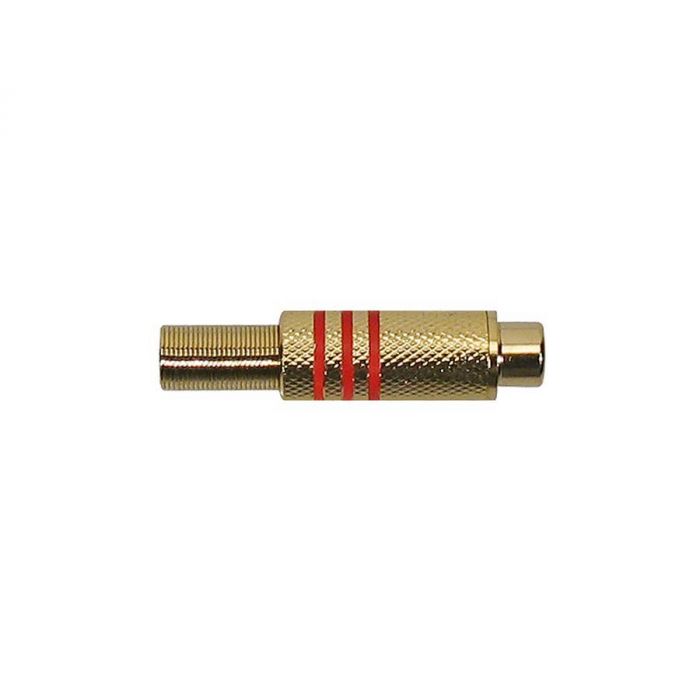 RCA plug, female, zwart metaal, 2 stuks rode ring, veer 6,2 mm, gouden contacten type2