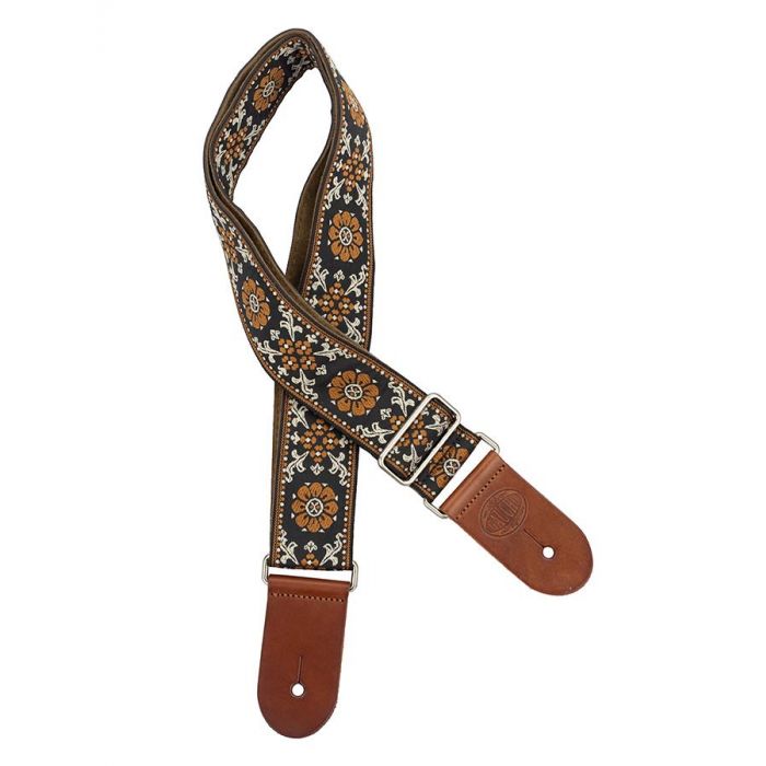 Gaucho Traditional Deluxe Series guitar strap, 2  jacquard weave, brown leather slips, brown garment leather backing, brown/gold