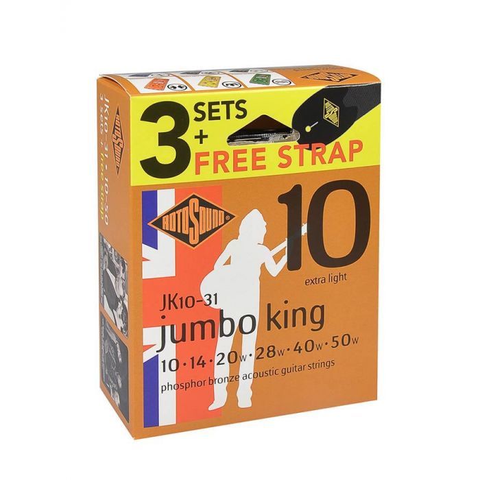 Rotosound Jumbo King 3-pack with free strap - 3 string sets acoustic phosphor brounze wound 10-50