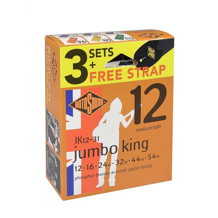 Rotosound Jumbo King 3-pack with free strap - 3 string sets acoustic phosphor brounze wound 12-54