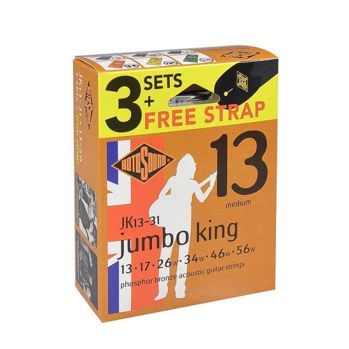 Rotosound Jumbo King 3-pack with free strap - 3 string sets acoustic phosphor brounze wound 13-56