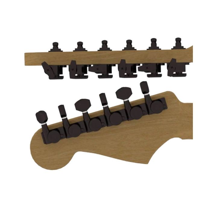 Hipshot guitar tuner upgrade kit, 6 inline Grip-Lock, closed staggered black