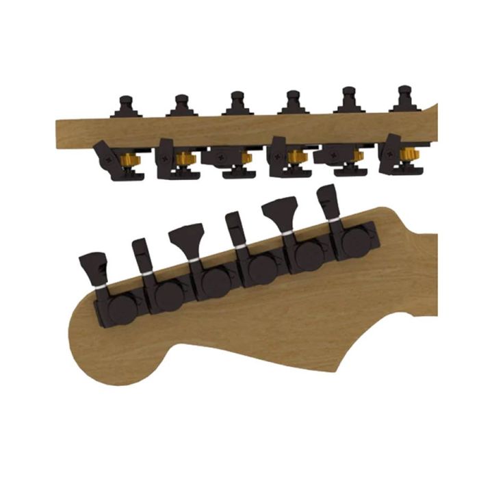 Hipshot	guitar tuner upgrade kit, 6 inline Grip-Lock, open black staggered