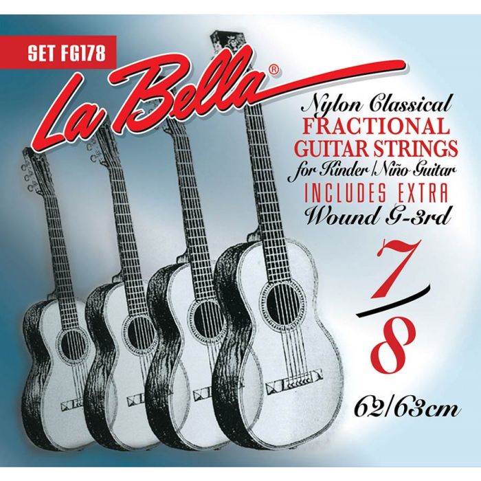 LaBella Fractional Series snarenset klassiek, 7/8 mensuur, clear nylon trebles, silverplated basses, extra G-3 (wound)