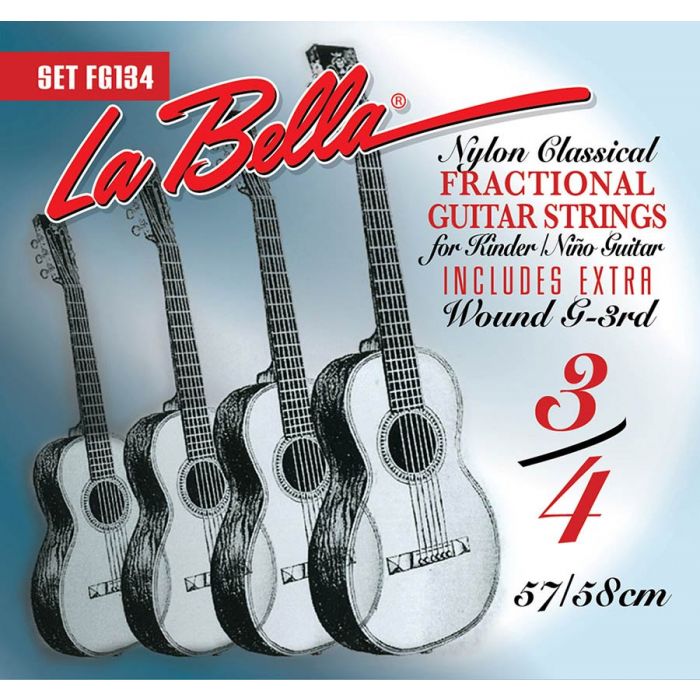LaBella Fractional Series snarenset klassiek, 3/4 mensuur, clear nylon trebles, silverplated basses, extra G-3 (wound)