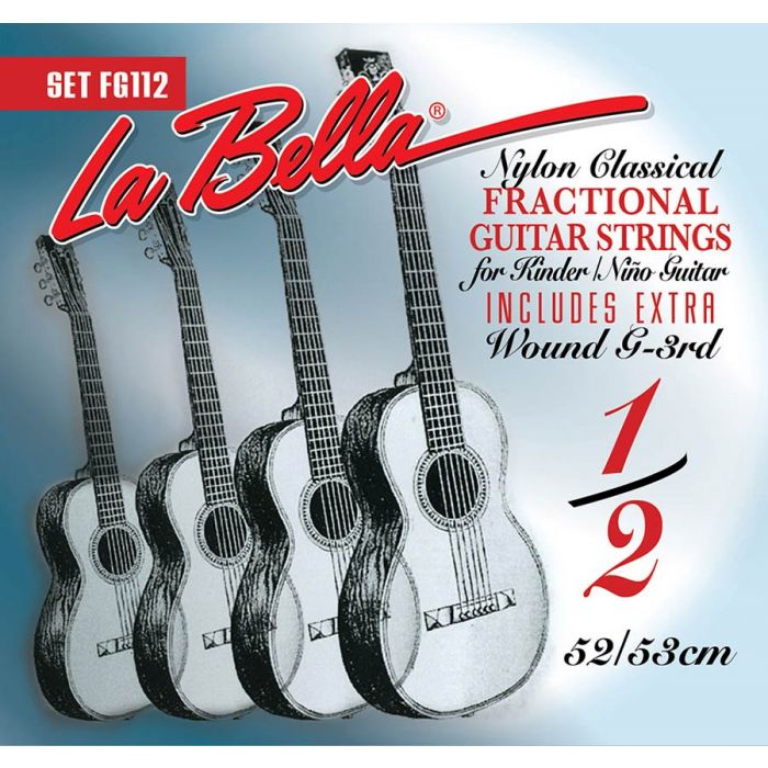 LaBella Fractional Series snarenset klassiek, 1/2 mensuur, clear nylon trebles, silverplated basses, extra G-3 (wound)